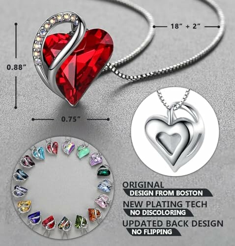 Heart-shaped red gemstone pendant necklace with size details and color options.