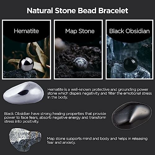 Natural Stone Bead Bracelet featuring Hematite, Map Stone, and Black Obsidian with descriptions.