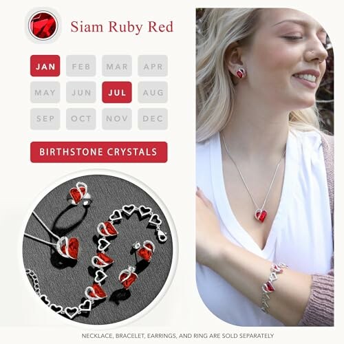 Siam Ruby Red birthstone jewelry set with necklace, bracelet, and earrings.